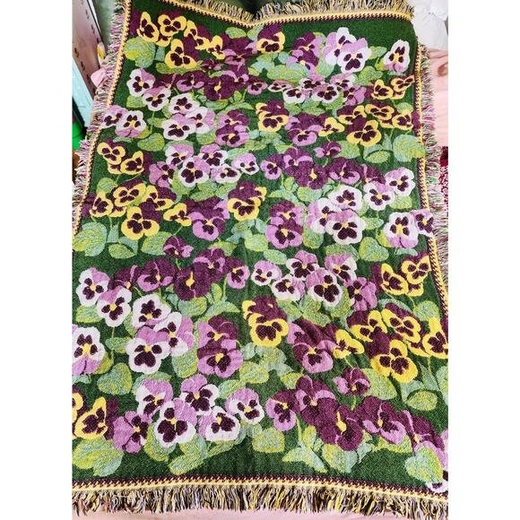 Iconic Purple Pansy Floral Woven Blanket 90s Tapestry Throw 48 in x 74 in Cotton - Picture 7 of 8